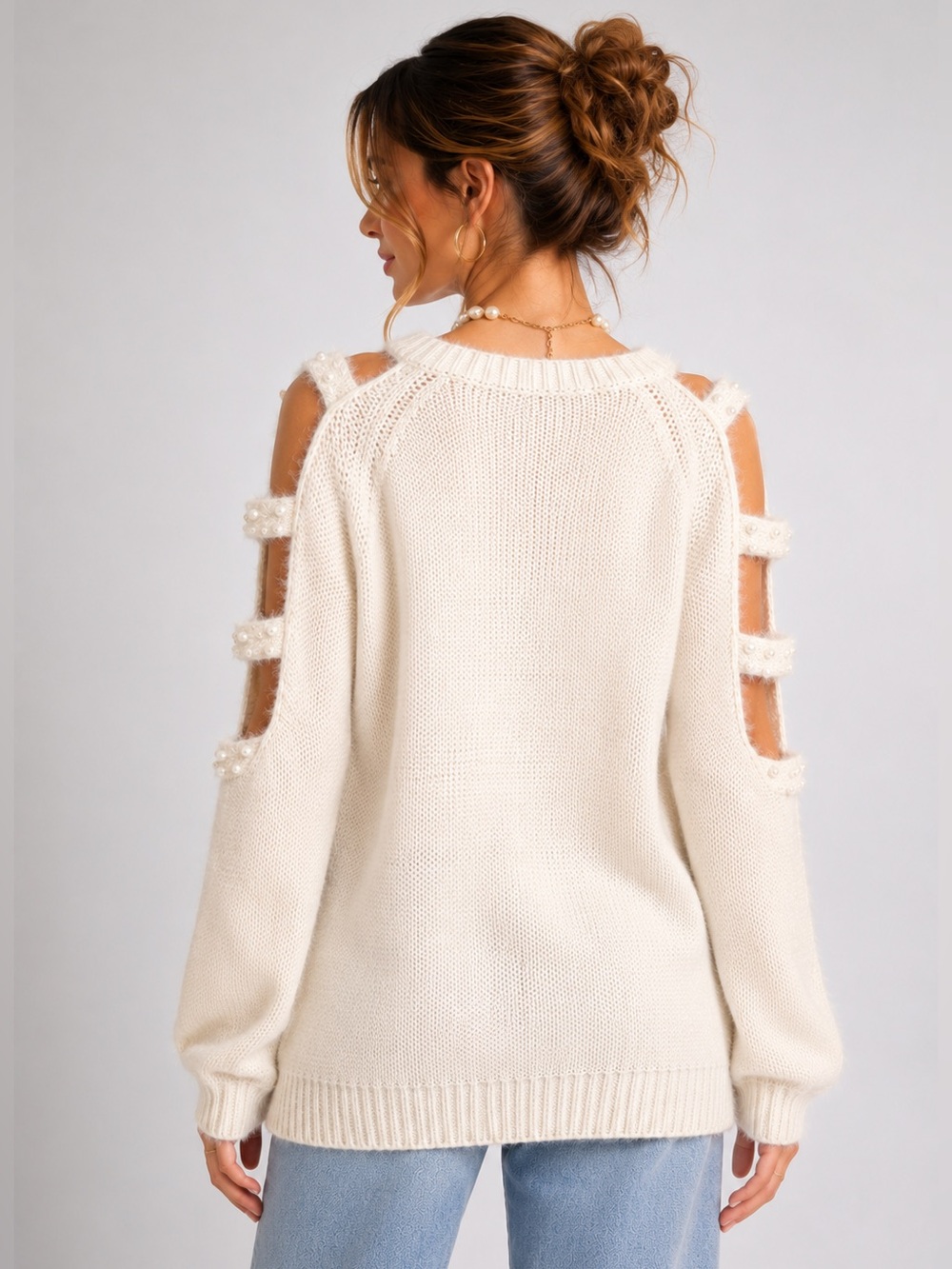 Easel Cream Pearl Cutout Sleeve Fuzzy Knit Sweater S/M - Picture 2 of 13